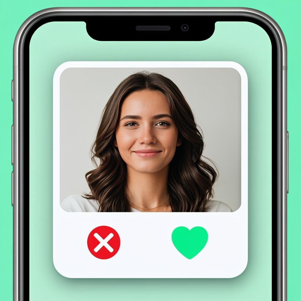 Profile discovery swipe interface with user photo and like/pass buttons