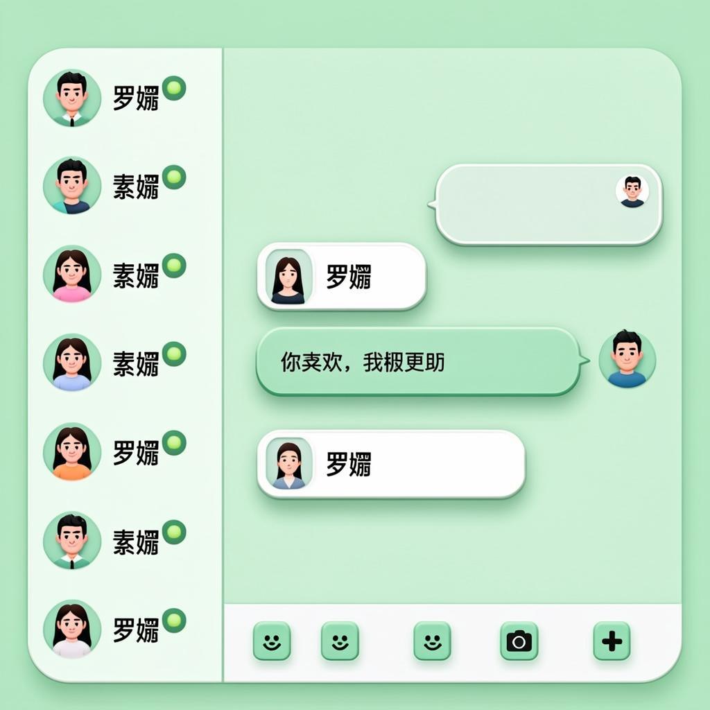 Smartphone chat messaging app interface with message bubbles and online indicators