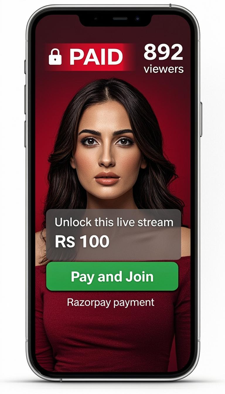 Smartphone showing a paid live stream interface with PAID badge, lock icon, price card, and Pay & Join button